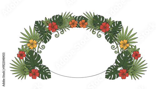 An arched floral arrangement featuring tropical leaves and vibrant hibiscus flowers, creating a decorative border.