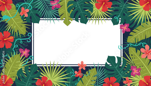 A vibrant tropical floral frame with lush green leaves and red hibiscus flowers surrounding a white rectangular space for text.