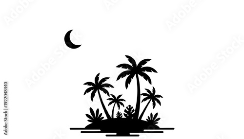 A minimalist black and white illustration of a tropical island with palm trees under a crescent moon.