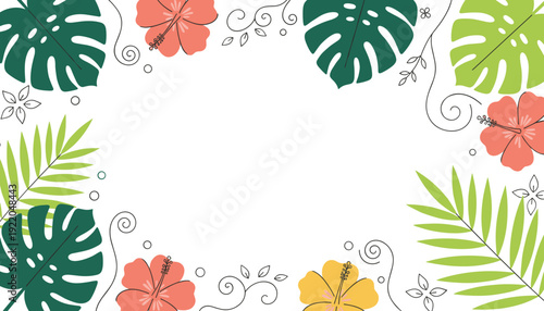 A vibrant tropical floral border with monstera leaves and hibiscus flowers on a white background.