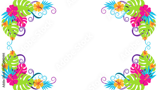 Tropical floral border with monstera leaves and hibiscus flowers in vibrant colors.