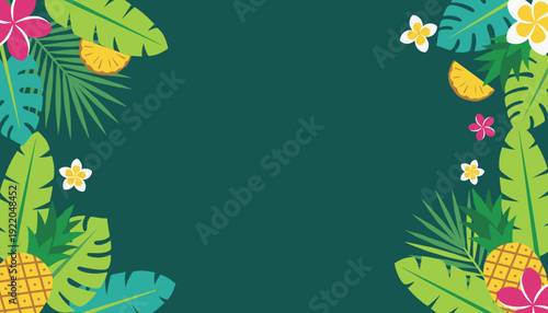 Tropical floral and fruit border with pineapples and palm leaves on a dark teal background.