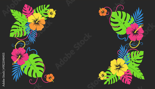 Vibrant tropical floral and leaf border design with hibiscus flowers and monstera leaves on a dark background.