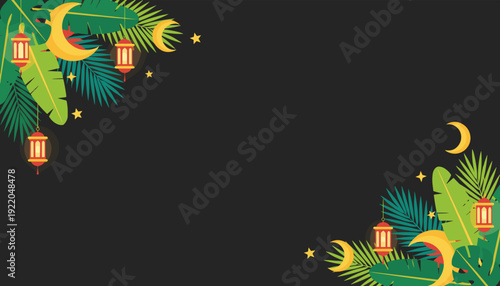 Ramadan Kareem background with crescent moons, lanterns, and tropical leaves.