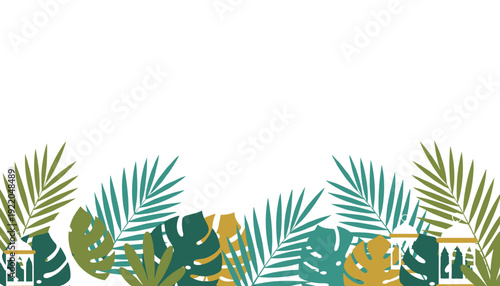 A decorative border of tropical leaves and lanterns on a white background.