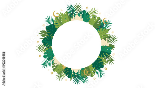 A circular frame of lush green tropical leaves and Islamic architectural elements.