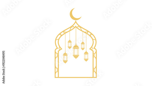 Golden Islamic archway with hanging lanterns and a crescent moon above.