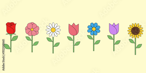 Cute flower collection illustration. Cartoon floral set with rose, daisy, tulip and sunflower. Simple colorful spring garden vector isolated background.