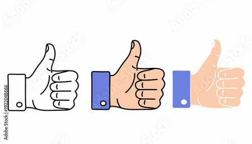 Thumbs up hand gesture illustration set. Cartoon hand showing like symbol in outline and flat style isolated on background.
