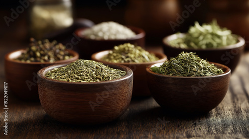 taste. Artisanal collection of dried herbs and spices in wooden bowls, emphasizing natural culinary ingredients. menu design.