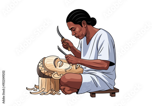 Woman carving wooden sculpture with tools.