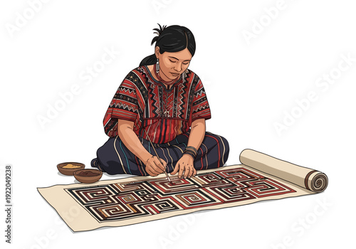 Woman creating traditional Mayan textile design.