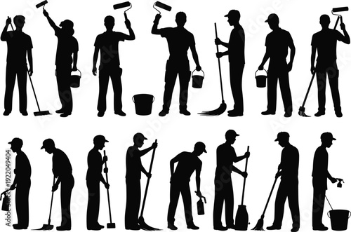 Cleaning worker silhouettes mopping sweeping painting bucket roller tasks collection, janitor service team people illustration concept