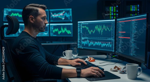 Man working on computer with stock market graphs displayed on multiple monitors at night, data analysis and financial trading concept