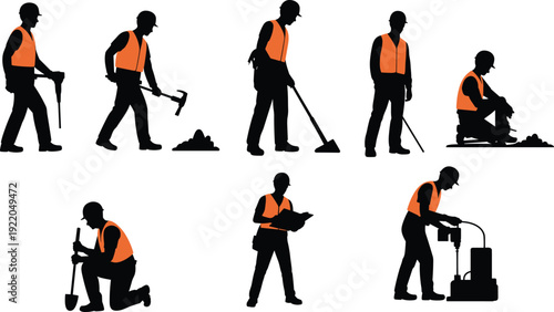 Construction road workers in orange vests, electrician technician silhouettes with cables, and family groups walking together with children and pets.