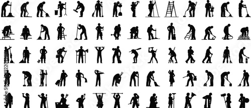 Multi profession worker silhouettes mega collection, construction cleaning maintenance painting gardening team, occupation people illustration concept pack