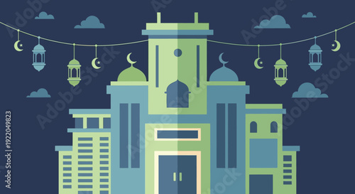 Ramadan Kareem Eid Celebration mosque building with hanging lanterns