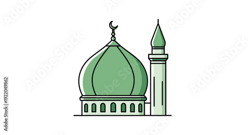 Green Domed Mosque and Minaret Outline Icon Design for Islamic Architecture