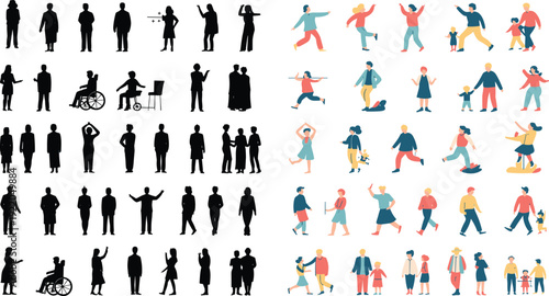 People silhouettes and colorful characters collection walking standing family lifestyle social interaction set, illustration concept pack