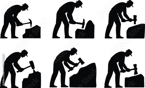 Stone mason worker silhouettes hammering rock carving collection, sculptor labor activity set, craftsmanship people illustration concept