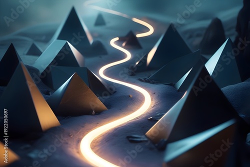 Glowing Path Through Dark Geometry — Guidance and Hope Concept