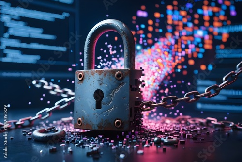 Padlock Dissolving into Pixels — Cybersecurity Breach Concept