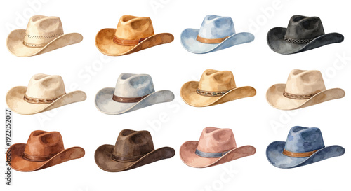 A charming watercolor collection of cowboy hat clipart, including western hats in neutral tones, leather bands, curved brims, and soft vintage shading.