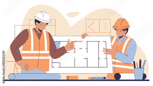 Two construction workers in hard hats and safety vests discussing a building blueprint plan at a construction site.