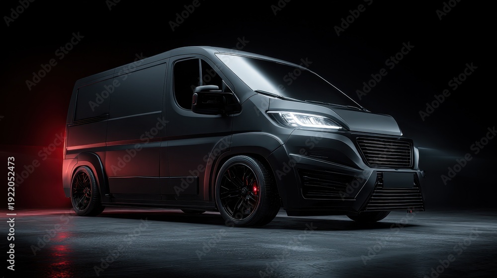 Fototapeta premium Modern van parked in a dark studio setting with focused lighting highlighting its design features