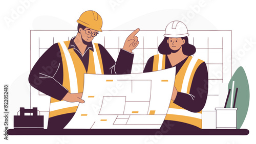 Two construction workers in hard hats and safety vests reviewing a blueprint document together at a job site.