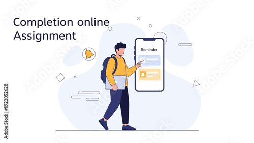 Student completing online assignment on mobile device with laptop and backpack
