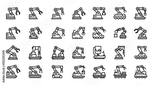 Collection of Industrial Robotic Arm Icons and Symbols.
