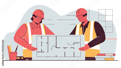 Two construction workers wearing hard hats and safety vests holding a large blueprint plan at a building site.