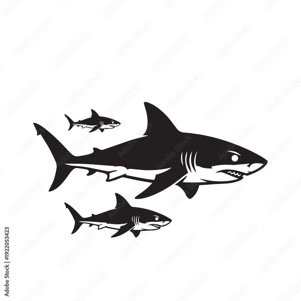Fototapeta premium Black and White Shark Family Silhouette Illustration Fierce Marine Predator Design