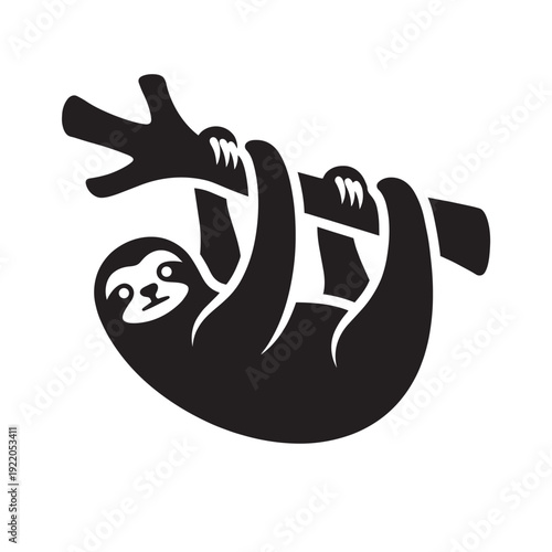 Black and White Sloth Hanging on Tree Branch Silhouette Minimal Wildlife Design