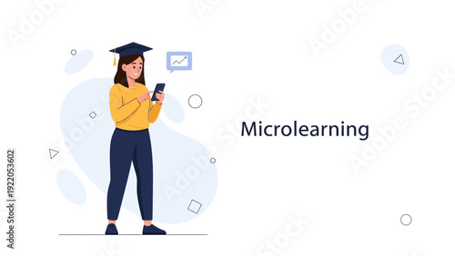 Student using smartphone for microlearning with graduation cap and notification bubble