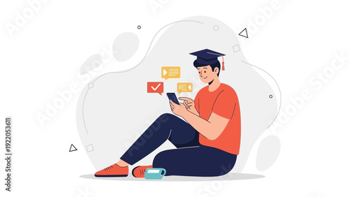 Student using smartphone for online learning, graduation cap, digital education concept