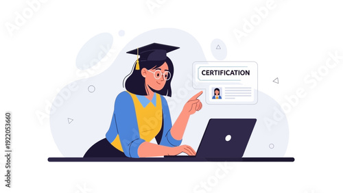 Student Earning Online Certification with Laptop and Digital Diploma