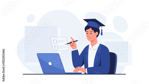 Student graduating online with laptop and diploma, remote education concept