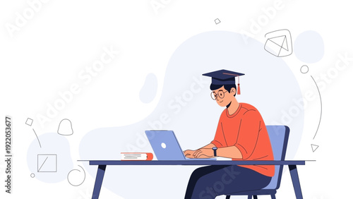 Student in graduation cap studying on laptop at desk, online education concept