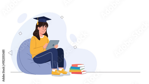 Student in graduation cap using tablet, seated on bean bag with books