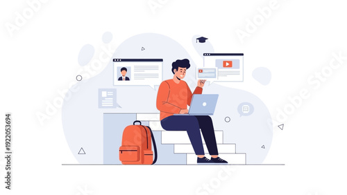 Student learning online with laptop and backpack, modern education concept