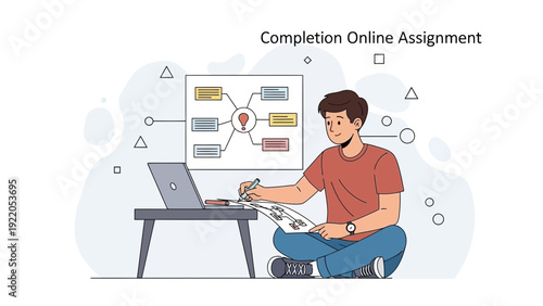 Student Learning Online Assignment with Laptop and Mind Map