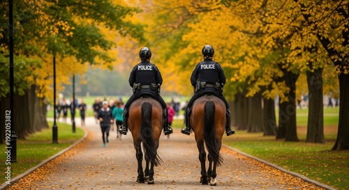 Two mounted police officers on brown horses patrolling a public park during the autumn season with vibrant yellow leaves and people jogging in the background.