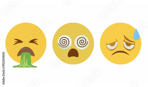 Nauseated and vomiting yellow emoji face icon set vector isolated on transparent background