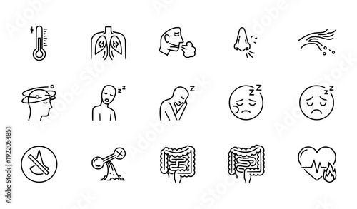 Healthcare symptom outline icon collection thin line vector isolated on transparent background