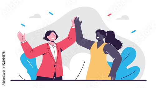 Two joyful diverse cartoon women, one in a pink suit, performing a high-five gesture in a celebratory setting.