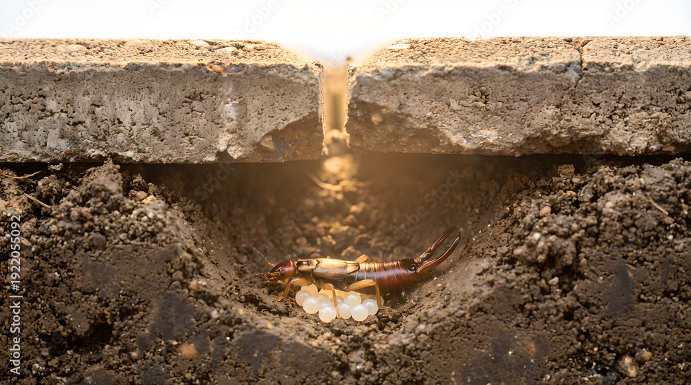Fototapeta premium Earwig insect guarding eggs in underground burrow with soil and concrete