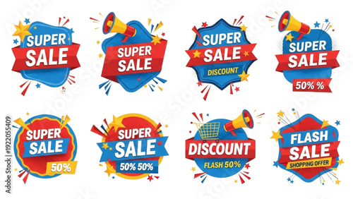 Colorful super sale banner with discount promotion text, shopping offer vector illustration for retail marketing and advertising