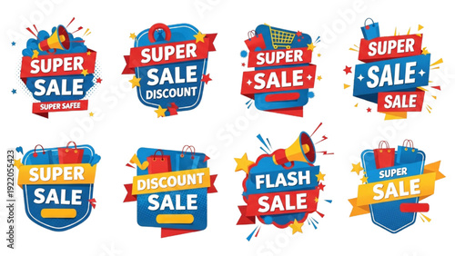 Colorful super sale banner with discount promotion text, shopping offer vector illustration for retail marketing and advertising